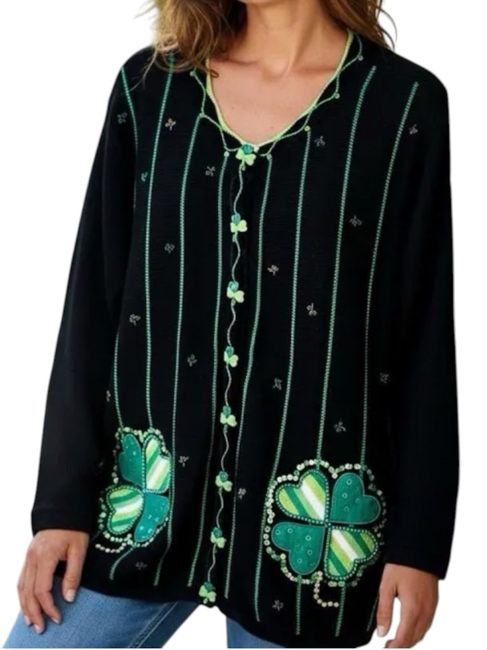 The Quacker Factory St. Patrick's Day Cardigan Sweater Shamrocks Size Large NWT